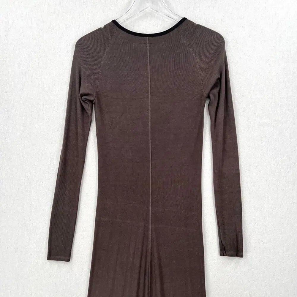 ENZA COSTA Silk Rib Long Sleeve Scoop Dress Women Medium Gray Black Maxi Stretch - Picture 5 of 14